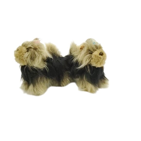 Unbranded Brown‎ and Tan Pair Of Fluffy Yorkie Plush Dogs With Bows in Fur - Picture 8 of 11